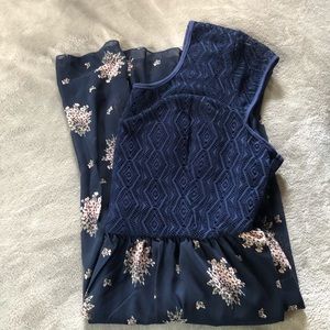 Navy knit and chiffon dress w sweetheart neckline